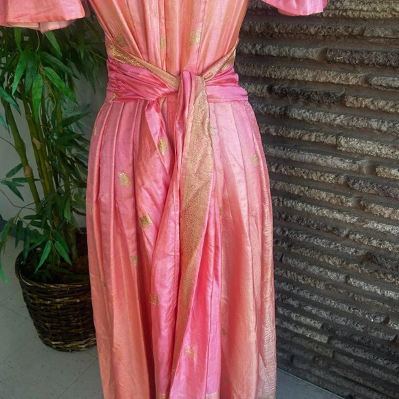 Vintage Handmade Ethnic Mid Eastern Salmon Pink Gold Maxi Dress Flutter Sleeves - Picture 11 of 12